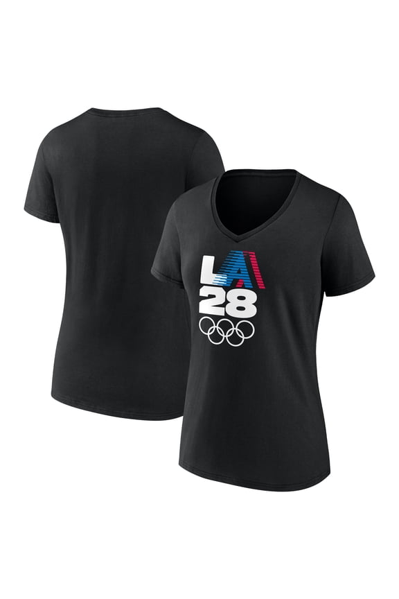 Women's Black LA 2028 Summer Olympics Retro Stripe V-Neck T-Shirt
