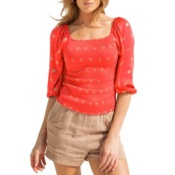 Women's Black Label Smocked Boho Top Orange/Gold Medium