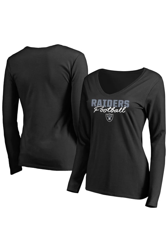 Women's Black Las Vegas Raiders Iconic Collection Script Assist Long Sleeve V-Neck T-Shirt