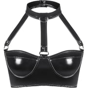 Womens Black Latex Outfit Patent Leather Bras, Adjustable Non-Steel Ring Lingerie Hanging Neck Corset Black Crop Top for Party Bar Masquerade Club Dress Up Medium Size, 2XL