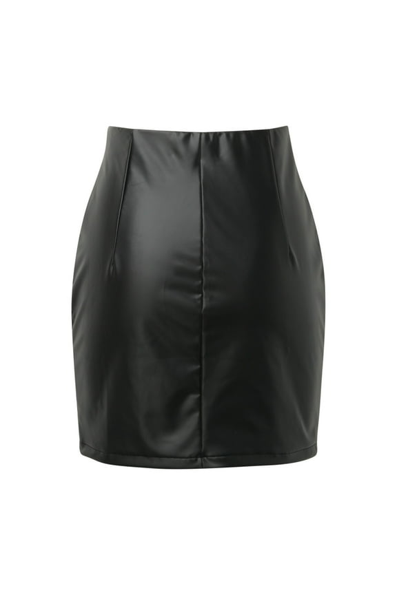 Women's Black Leather High Waisted Side Slit Bodycon Mini Skirt - PU Material - High Stretch - S-XL Sizes