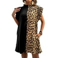 thumbnail image 1 of Women's Black Leopard Contrast Patchwork Ruffled Sleeve Short Shift Dress - [ZhiHiMeRi] | L, 1 of 6