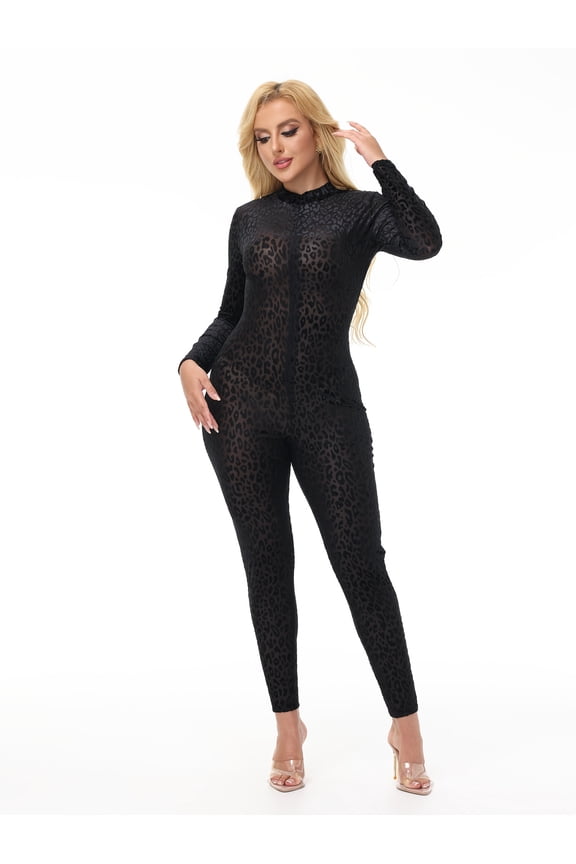 Women's Black Leopard Mesh Bodycon Jumpsuit - Long Sleeve Mock Neck Romper for Party, Club
