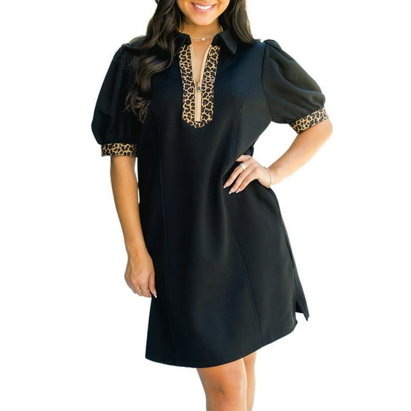 Women's Black Leopard Patchwork Shift Mini Dress with Puff Sleeves | S