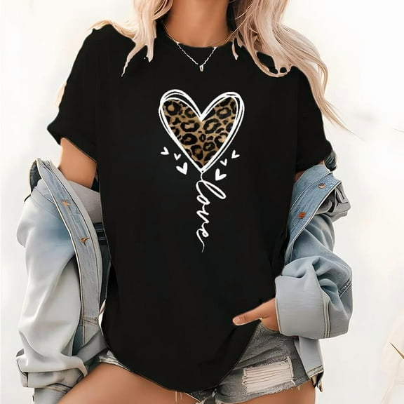Women's Black Leopard Print Heart Graphic Tee Plus Size S-5XL, Stylish Printed T-Shirt, Casual Oversized Top for Fashion Lovers & Romantic Style Enthusiasts