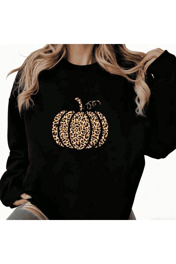 Women's Black Leopard Print Pumpkin Art Pattern Niche Design Trendy Loose Casual Sweatshirt S-3XL
