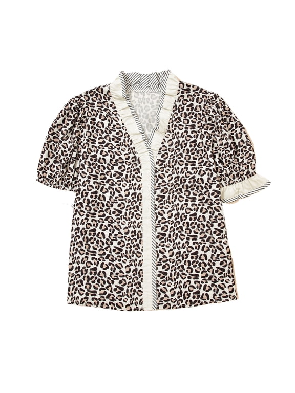 Women's Black Leopard Print Ruffled Blouse – Stylish V Neck Short Sleeve Top for Daily Wear, XL