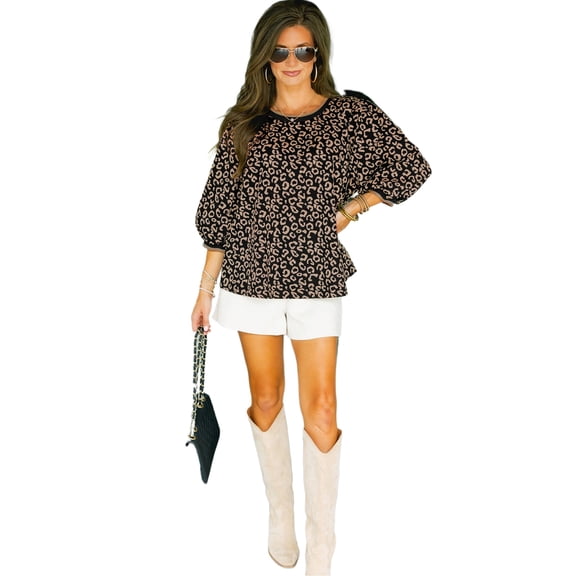 Women's Black Leopard Print Top with Contrast Trim – Stylish Bracelet Sleeve Design for Everyday Wear | XL