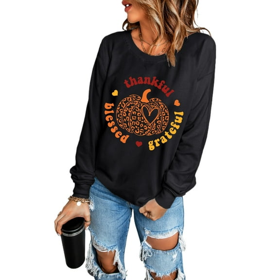 Women's Black Leopard Pumpkin Sweater with 'Thankful, Blessed, Grateful' Print | [ZhiHiMeRi] | (US 4-6)S
