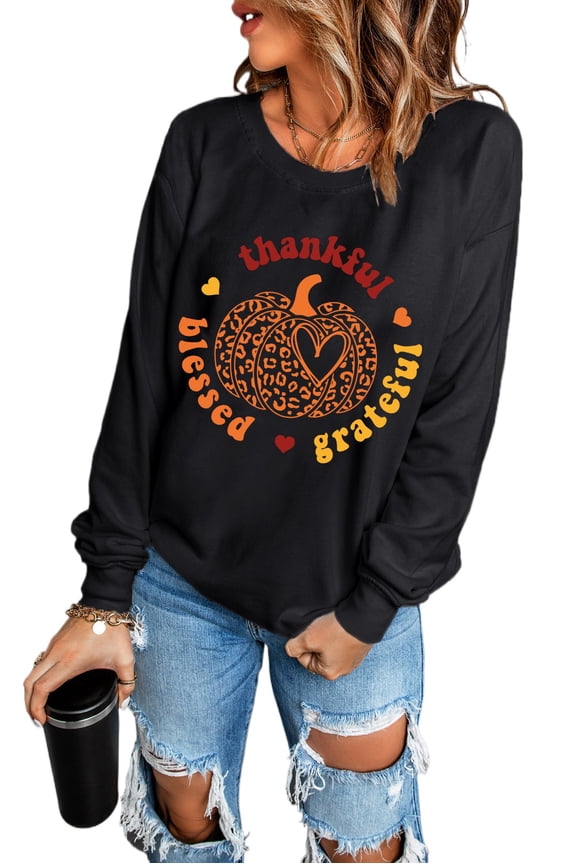 Women's Black Leopard Pumpkin Sweater with 'Thankful, Blessed, Grateful' Print | [ZhiHiMeRi] | (US 4-6)S