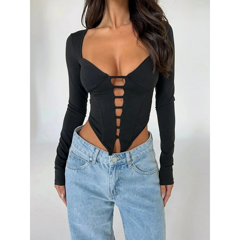 Women's Black Long Sleeve Front Hollow Out Cropped Going Out Tops