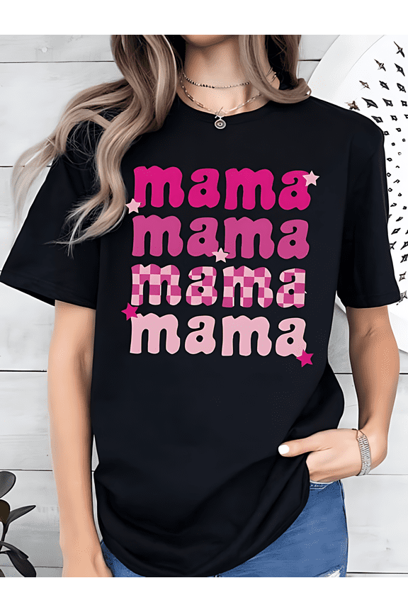Women's Black Loose T-Shirt: Pink "MAMA MAMA" Letter, Cotton Medium Stretch Non-Transparent, Mother's Day Gift, Daily Gentle Style