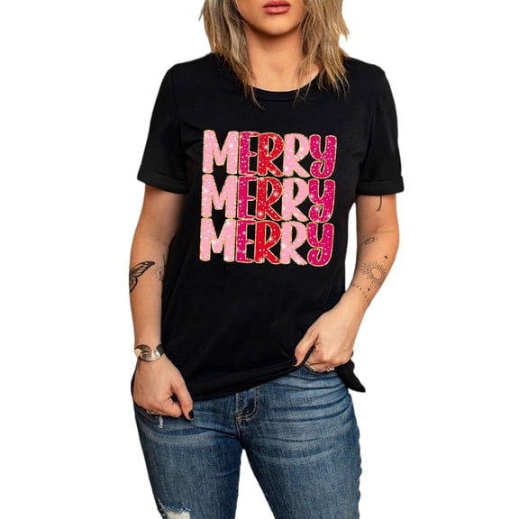 Women's Black MERRY Letter Christmas Graphic Tee - Casual Short Sleeve Top | [ZhiHiMeRi] | (US 20-22)2XL