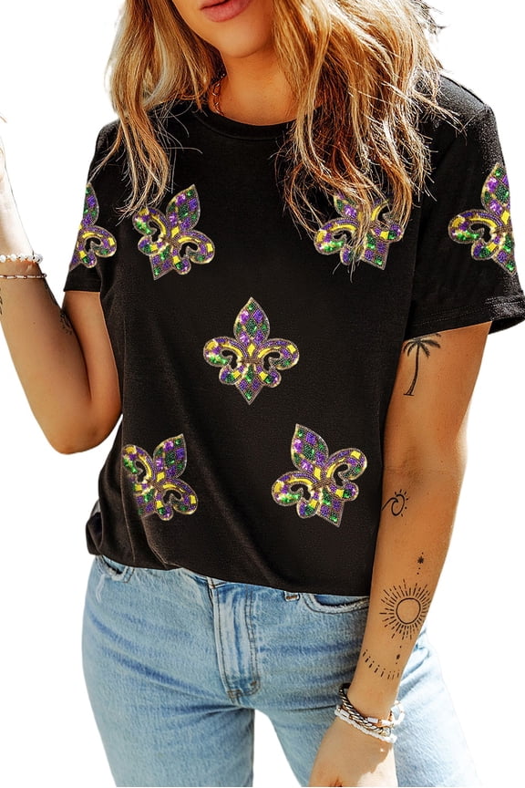 Women's Black Mardi Gras Sequin Fleur de Lis Graphic T-Shirt for Celebrations | [ZhiHiMeRi] | (US 20-22)2XL
