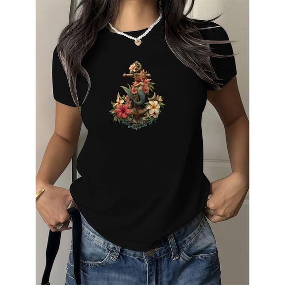 Women's Black Mermaid Anchor Floral Graphic Tee, Boho Printed T-Shirt, Casual Top for Nautical Enthusiasts & Boho Style Lovers