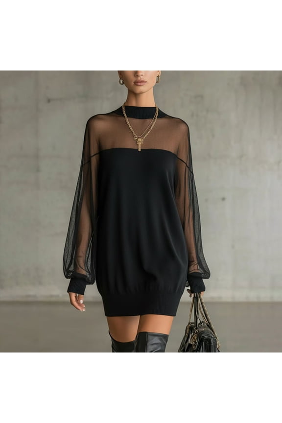 Women's Black Mesh Balloon Sleeve Mini Dress, Patchwork High Neck Bodycon Dress, Transparent Sleeve Party Dress for Formal Dinner, Date Night and Evening Events Black XXL