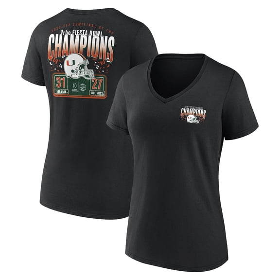 Women's Black Miami Hurricanes College Football Playoff 2026 Fiesta Bowl Champions Scoring Drive V-Neck T-Shirt