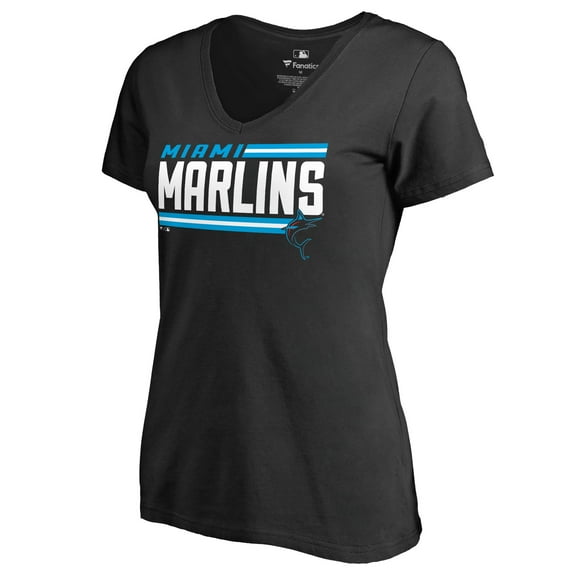 Women's Black Miami Marlins Onside Stripe V-Neck T-Shirt