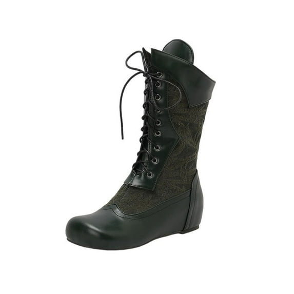 Women's Black Mid Calf Boots Lace Up Chunky Heel Vintage Combat Heeled Dress Casual Boots Trends 2025 Y2K Boots
