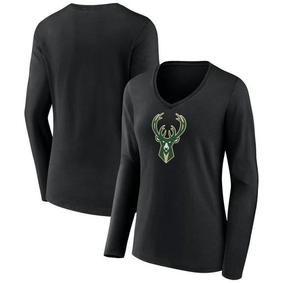 Women's Black Milwaukee Bucks Logo Long Sleeve V-Neck T-Shirt