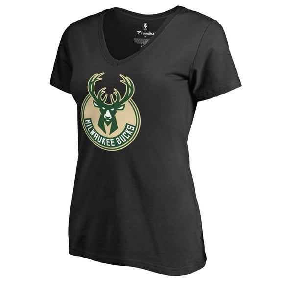 Women's Black Milwaukee Bucks Primary Logo V-Neck T-Shirt