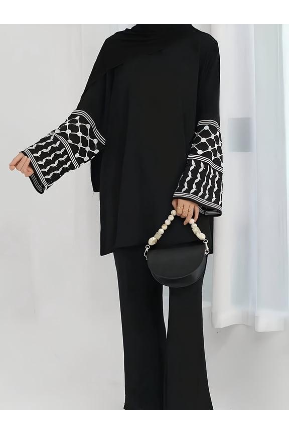 Women's Black Modest 2-Piece Set, Embroidered Sleeve Tunic & Wide Leg Pants, Casual Islamic Outfit