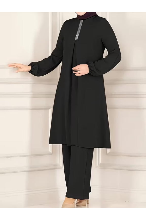 Women's Black Modest 2-Piece Set, Long Sleeve Tunic & Wide Leg Pants, Casual Modest Outfit
