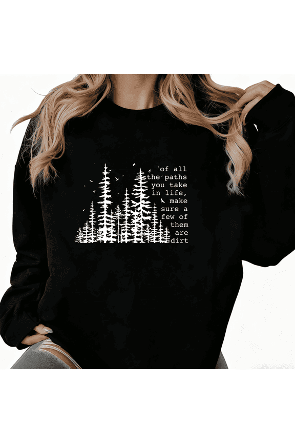 Women's Black Nature Text Art Pattern Niche Design Trendy Loose Casual Sweatshirt S-3XL