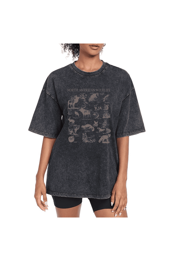 Women's North American Wildlife Graphic Comfortable Washed T Shirt Casual Breathable Black S-2XL Plus Size