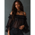 thumbnail image 1 of Women's Black Off Shoulder Chiffon Blouse, Ruffle Trim Sheer Long Sleeve Top, 1 of 2
