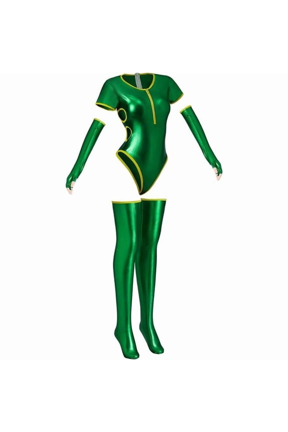 Women’s Black Orchid Green Jumpsuit Outfit with Gloves and Stockings for Adult