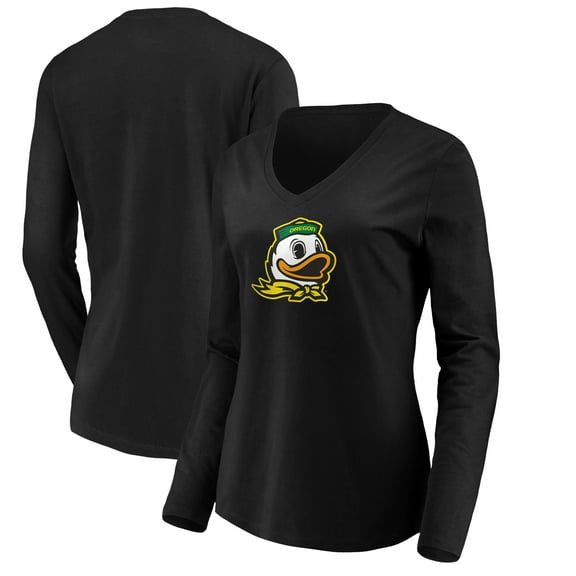 Women's Black Oregon Ducks Primary Logo V-Neck Long Sleeve T-Shirt