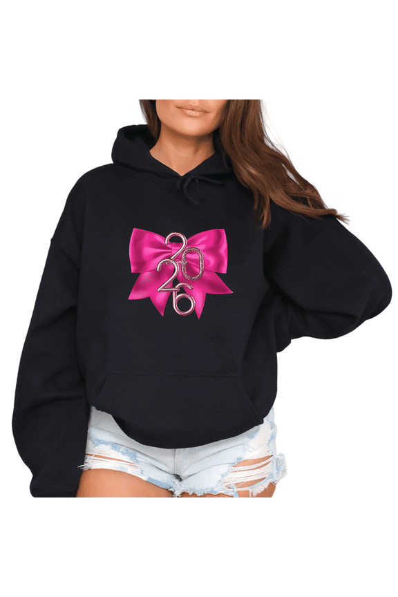 Women's Black Oversized Hoodie 2026 Hot Pink Satin Bow Glitter Number Graphic Print Casual Pullover Hooded Sweatshirt S-2XL