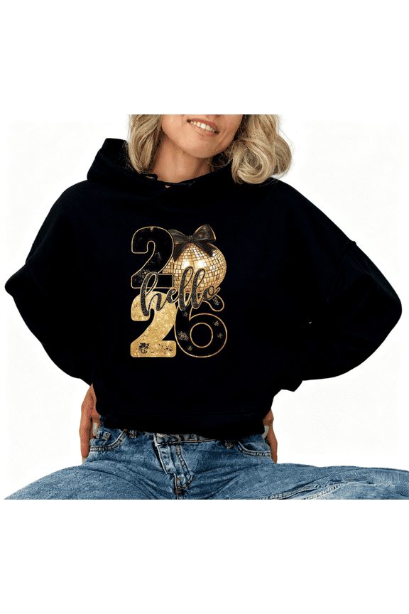 Women's Black Oversized Hoodie Hello 2026 Gold Disco Ball Graphic Print Casual Pullover Hooded Sweatshirt S-2XL