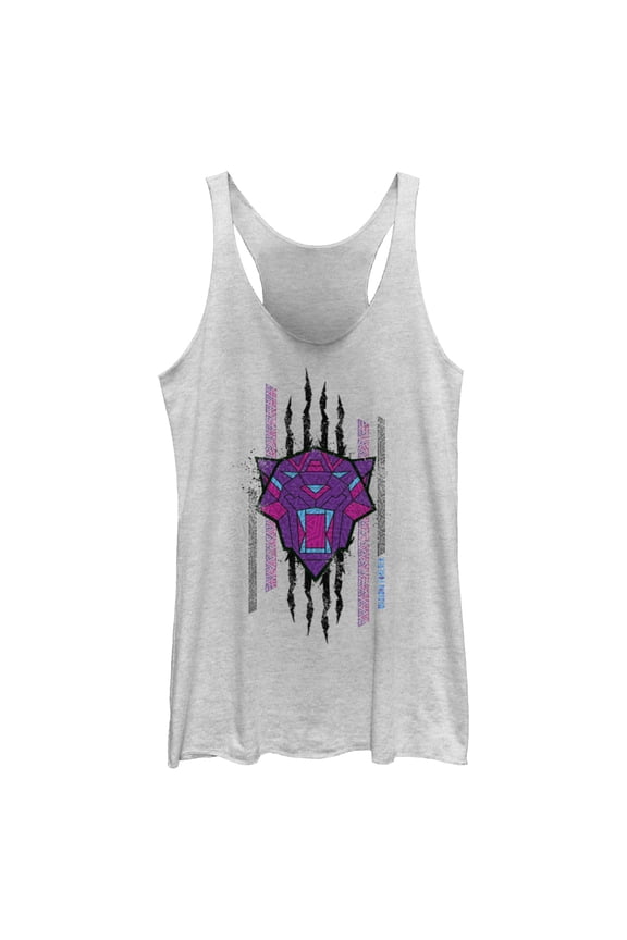 Women's Black Panther: Wakanda Forever Geometric Black Panther Icon Scratch  Racerback Tank Top White Heather Medium