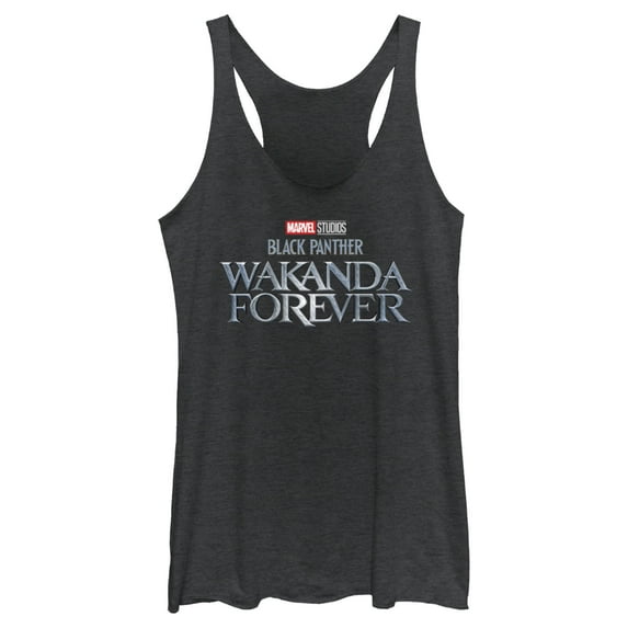 Women's Black Panther: Wakanda Forever Metallic Movie Logo Racerback Tank Top Black Heather Large