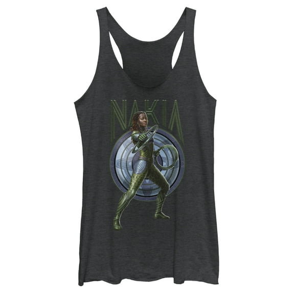 Women's Black Panther: Wakanda Forever Nakia Shield Racerback Tank Top Black Heather X Large