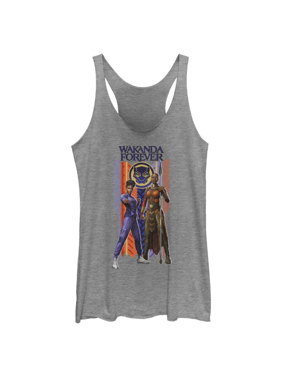 Women's Black Panther: Wakanda Forever Shuri and Okoye Movie Logo Racerback Tank Top Gray Heather Small