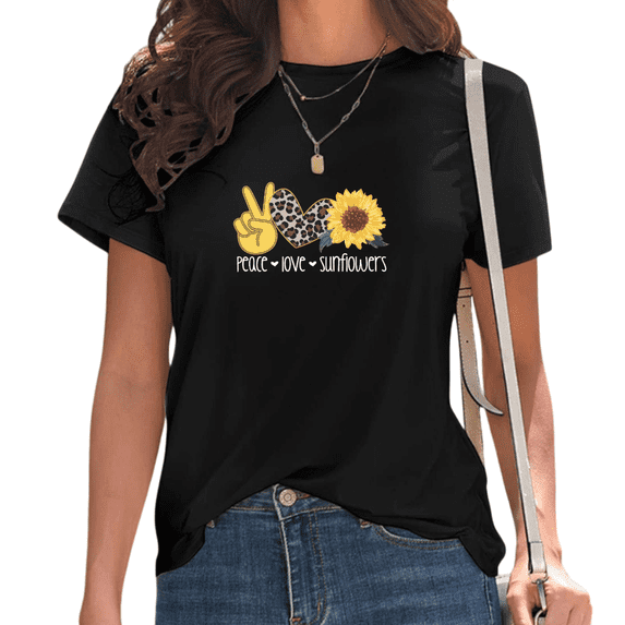 Women's Black Peace Love Sunflowers Print T-Shirt Leopard Heart & Sunflower Casual Short Sleeve Tees S-5XL