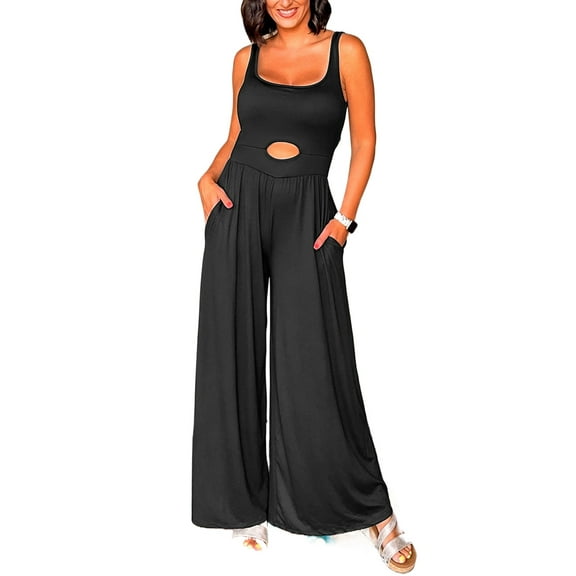 Women's Black Peekaboo Wide Leg Jumpsuit - Trendy Square Neck Sleeveless Design - [ZhiHiMeRi] | (US 12-14)L