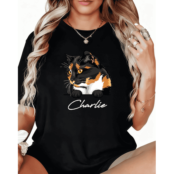 Women's Black Personalized Calico Cat Charlie Name Print Tshirt Graphic Tees Shirts S-5XL Pet Lover Custom Tops
