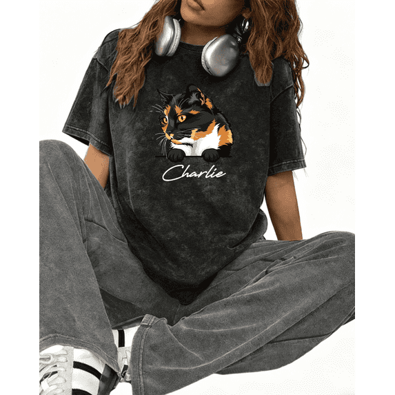 Women's Black Personalized Calico Cat "Charlie" Print Tshirt Graphic Tees Shirts S-5XL Pet Lover Casual Tops