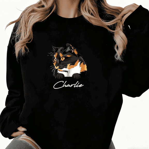 Women's Black Personalized Calico Cat "Charlie" Sweatshirt S-3XL Pet Lover Casual Tops