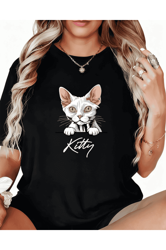Women's Black Personalized White Cat Kitty Name Print Tshirt Graphic Tees Shirts S-5XL Pet Lover Custom Tops