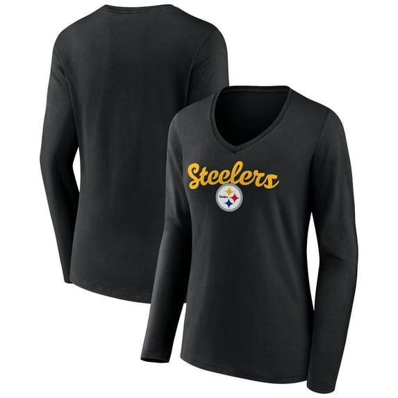Women's Black Pittsburgh Steelers Freehand Team Long Sleeve V-Neck T-Shirt