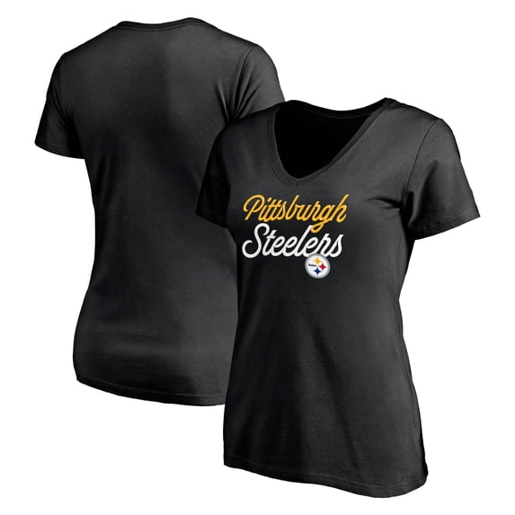 Women's Black Pittsburgh Steelers Long Stride V-Neck T-Shirt