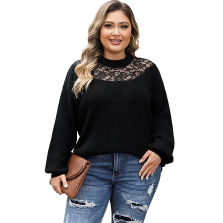 Women's Black Plus Size Ribbed Knit Lace Splicing High Neck Sweater - [ZhiHiMeRi] | (US 14-16)1X,Black