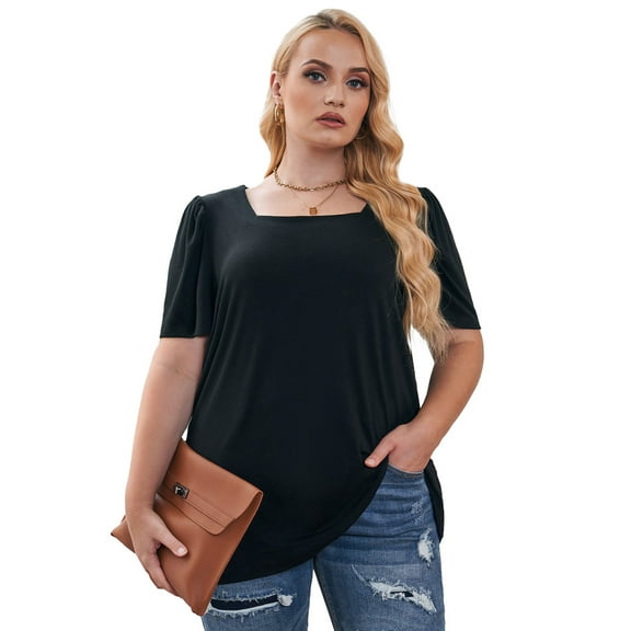 Women's Black Plus Size Square Neck Ruched Short Sleeve Top - [ZhiHiMeRi] | (US 14-16)1X