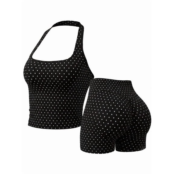 Women's Black Polka Dot 2 Pieces Fitness Set, Halter Tank Top Biker Shorts Yoga Set, Suitable For Gym, Running, Casual Sports, Summer Style