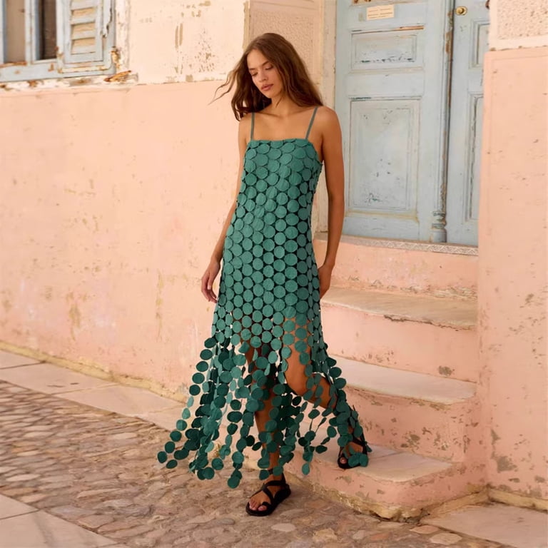 cutout party dress Women's Black Polka Dot Cutout Fringe Midi Dress Spaghetti Strap Sheer  Loose Vacation Party Dress